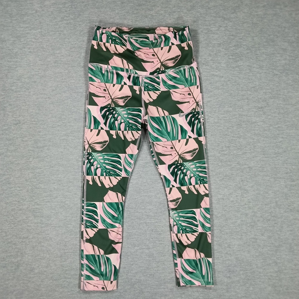 Nike Dri-FIT Women Green Pink Tropical Monstera Leaf Print Leggings Small